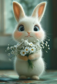 Illustration of a rabbit holding a bouquet of white flowers. Selective focus.