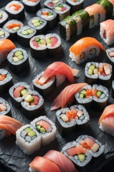 Beautifully arranged sushi selection with fresh fish, vibrant vegetables, and rice. Perfect for showcasing Japanese cuisine, appealing to food enthusiasts and culinary professionals alike