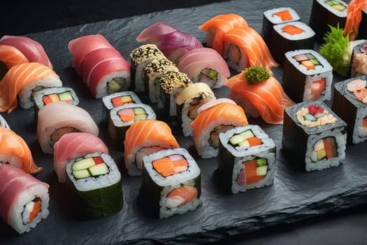 Beautifully arranged sushi selection with fresh fish, vibrant vegetables, and rice. Perfect for showcasing Japanese cuisine, appealing to food enthusiasts and culinary professionals alike