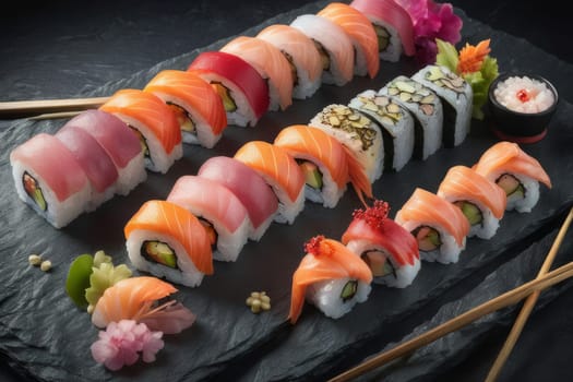 Beautifully arranged sushi selection with fresh fish, vibrant vegetables, and rice. Perfect for showcasing Japanese cuisine, appealing to food enthusiasts and culinary professionals alike