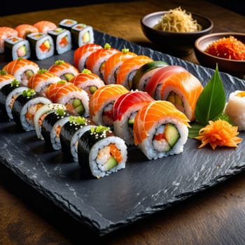 Gourmet sushi display featuring colorful rolls, sashimi, and garnishes. Ideal for food styling, restaurant advertising, and culinary articles, highlighting fresh ingredients and artistic presentation