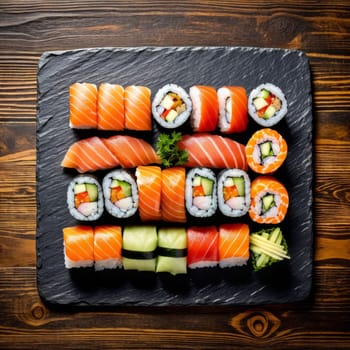 Gourmet sushi display featuring colorful rolls, sashimi, and garnishes. Ideal for food styling, restaurant advertising, and culinary articles, highlighting fresh ingredients and artistic presentation