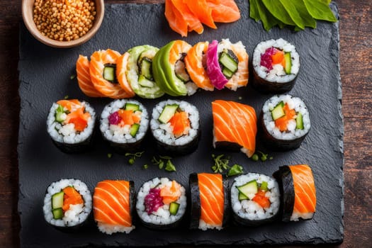 Gourmet sushi display featuring colorful rolls, sashimi, and garnishes. Ideal for food styling, restaurant advertising, and culinary articles, highlighting fresh ingredients and artistic presentation