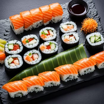 Gourmet sushi display featuring colorful rolls, sashimi, and garnishes. Ideal for food styling, restaurant advertising, and culinary articles, highlighting fresh ingredients and artistic presentation