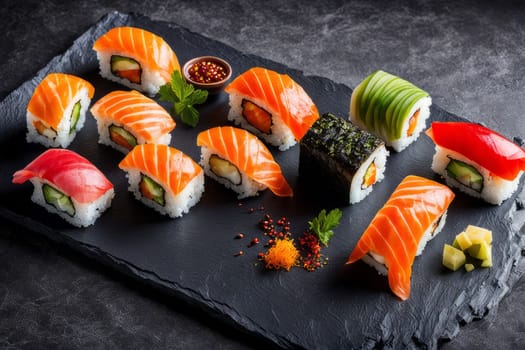 Gourmet sushi display featuring colorful rolls, sashimi, and garnishes. Ideal for food styling, restaurant advertising, and culinary articles, highlighting fresh ingredients and artistic presentation