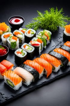 Gourmet sushi display featuring colorful rolls, sashimi, and garnishes. Ideal for food styling, restaurant advertising, and culinary articles, highlighting fresh ingredients and artistic presentation
