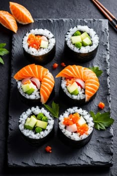 Gourmet sushi display featuring colorful rolls, sashimi, and garnishes. Ideal for food styling, restaurant advertising, and culinary articles, highlighting fresh ingredients and artistic presentation