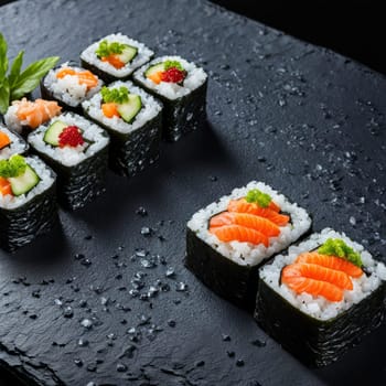 Gourmet sushi display featuring colorful rolls, sashimi, and garnishes. Ideal for food styling, restaurant advertising, and culinary articles, highlighting fresh ingredients and artistic presentation