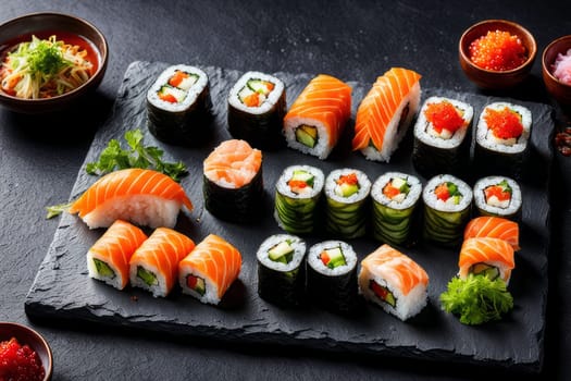 Gourmet sushi display featuring colorful rolls, sashimi, and garnishes. Ideal for food styling, restaurant advertising, and culinary articles, highlighting fresh ingredients and artistic presentation