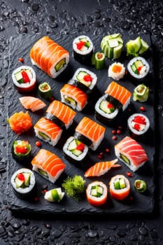 Gourmet sushi display featuring colorful rolls, sashimi, and garnishes. Ideal for food styling, restaurant advertising, and culinary articles, highlighting fresh ingredients and artistic presentation