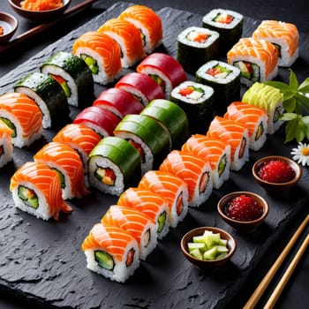 Gourmet sushi display featuring colorful rolls, sashimi, and garnishes. Ideal for food styling, restaurant advertising, and culinary articles, highlighting fresh ingredients and artistic presentation