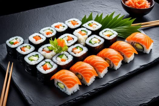Gourmet sushi display featuring colorful rolls, sashimi, and garnishes. Ideal for food styling, restaurant advertising, and culinary articles, highlighting fresh ingredients and artistic presentation