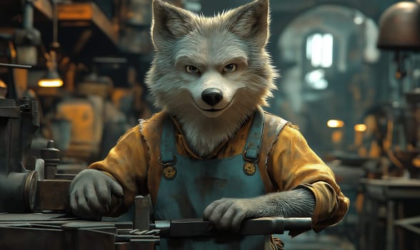 Illustration of a wolf working in an apron in a workshop. Selective focus.