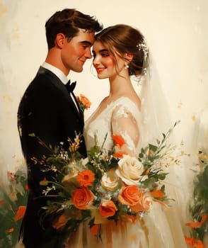 Illustration of a bride and groom on a cream background. Selective focus.