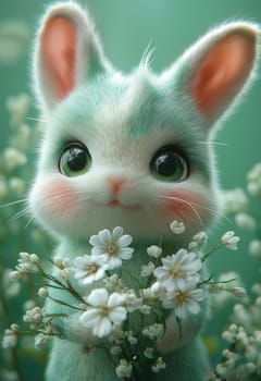 Illustration of a rabbit holding a bouquet of white flowers. Selective focus.