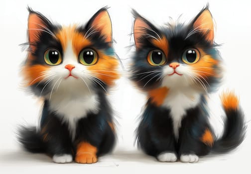 Cartoon tricolor cat on a white background. Selective focus.