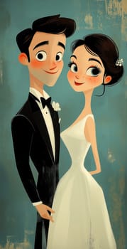 A cartoon illustration of a bride and groom on a blue background. Selective focus.