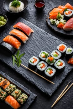 Gourmet sushi display featuring colorful rolls, sashimi, and garnishes. Ideal for food styling, restaurant advertising, and culinary articles, highlighting fresh ingredients and artistic presentation