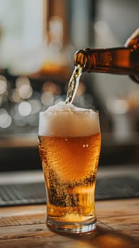 Pouring beer from a bottle into a beer glass on a wooden table. The liquid is flowing smoothly into the drinkware creating a refreshing alcoholic beverage