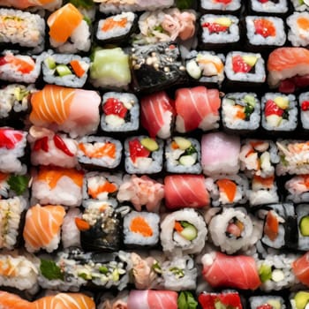 Gourmet sushi display featuring colorful rolls, sashimi, and garnishes. Ideal for food styling, restaurant advertising, and culinary articles, highlighting fresh ingredients and artistic presentation