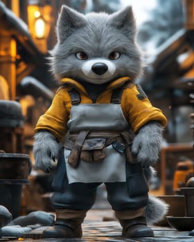 Illustration of a wolf working in an apron in a workshop. Selective focus.