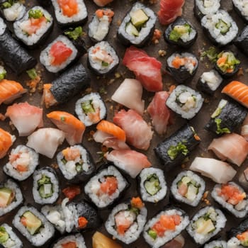 Gourmet sushi display featuring colorful rolls, sashimi, and garnishes. Ideal for food styling, restaurant advertising, and culinary articles, highlighting fresh ingredients and artistic presentation