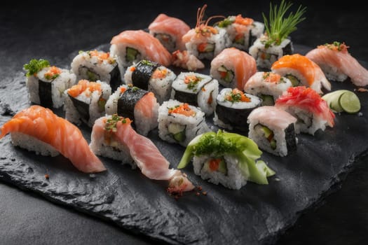 Gourmet sushi display featuring colorful rolls, sashimi, and garnishes. Ideal for food styling, restaurant advertising, and culinary articles, highlighting fresh ingredients and artistic presentation