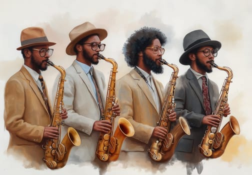 Musicians playing saxophones in stylish attire. Selective focus.