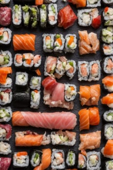 Gourmet sushi display featuring colorful rolls, sashimi, and garnishes. Ideal for food styling, restaurant advertising, and culinary articles, highlighting fresh ingredients and artistic presentation