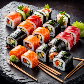 Gourmet sushi display featuring colorful rolls, sashimi, and garnishes. Ideal for food styling, restaurant advertising, and culinary articles, highlighting fresh ingredients and artistic presentation