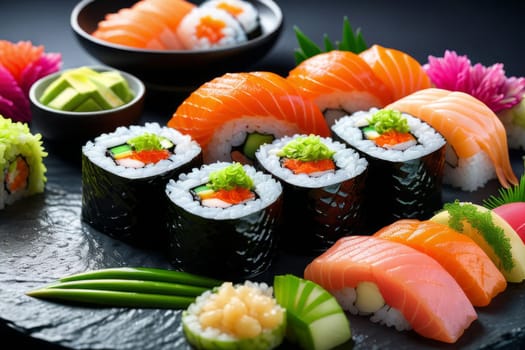 Gourmet sushi display featuring colorful rolls, sashimi, and garnishes. Ideal for food styling, restaurant advertising, and culinary articles, highlighting fresh ingredients and artistic presentation