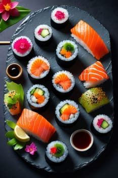 Gourmet sushi display featuring colorful rolls, sashimi, and garnishes. Ideal for food styling, restaurant advertising, and culinary articles, highlighting fresh ingredients and artistic presentation