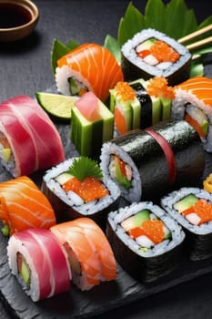 Gourmet sushi display featuring colorful rolls, sashimi, and garnishes. Ideal for food styling, restaurant advertising, and culinary articles, highlighting fresh ingredients and artistic presentation