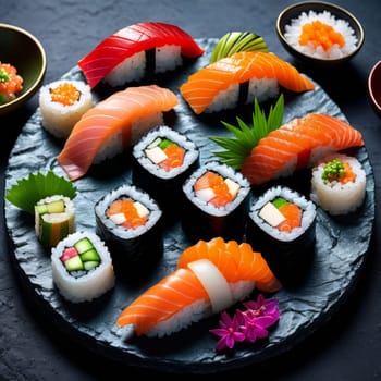 Gourmet sushi display featuring colorful rolls, sashimi, and garnishes. Ideal for food styling, restaurant advertising, and culinary articles, highlighting fresh ingredients and artistic presentation