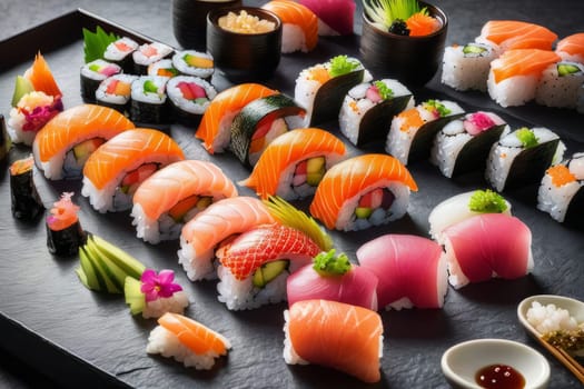 Gourmet sushi display featuring colorful rolls, sashimi, and garnishes. Ideal for food styling, restaurant advertising, and culinary articles, highlighting fresh ingredients and artistic presentation