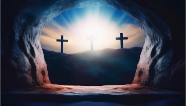 The concept of Easter Sunday, the cross of the crucifixion of Jesus Christ, the concept of the Christian faith. The tomb is empty with a cross in the background of the dawn Resurrection of Jesus generative ai High quality image