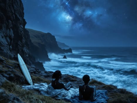 Two young black women are watching the milky way on a cliff by the ocean at night, with a surfboard resting on the rocks. Ai generated
