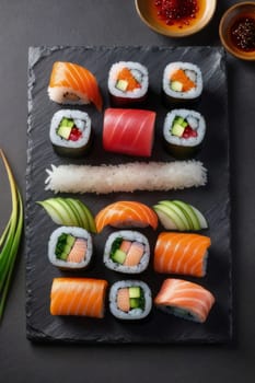 Gourmet sushi display featuring colorful rolls, sashimi, and garnishes. Ideal for food styling, restaurant advertising, and culinary articles, highlighting fresh ingredients and artistic presentation