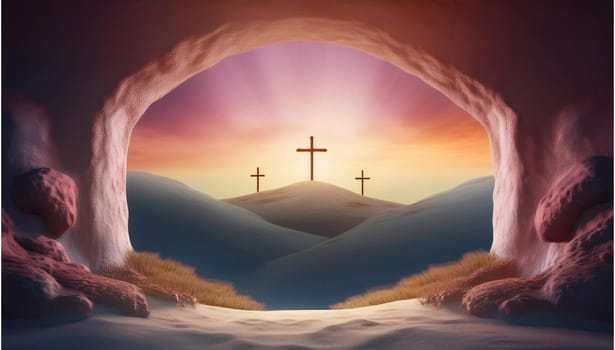 The concept of Easter Sunday, the cross of the crucifixion of Jesus Christ, the concept of the Christian faith. The tomb is empty with a cross in the background of the dawn Resurrection of Jesus generative ai High quality image