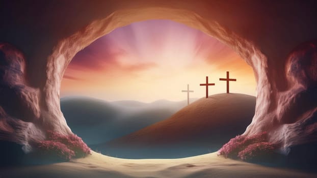 The concept of Easter Sunday, the cross of the crucifixion of Jesus Christ, the concept of the Christian faith. The tomb is empty with a cross in the background of the dawn Resurrection of Jesus generative ai High quality image