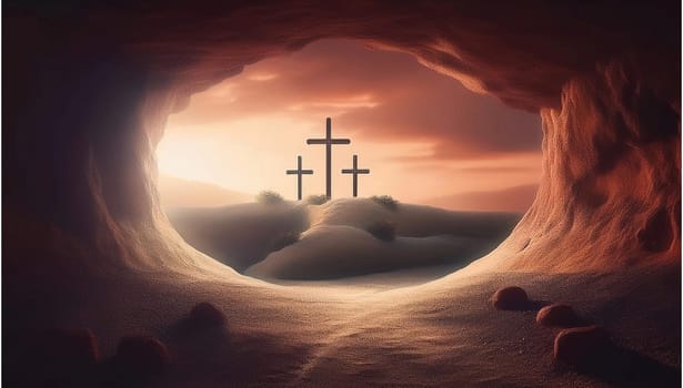 The concept of Easter Sunday, the cross of the crucifixion of Jesus Christ, the concept of the Christian faith. The tomb is empty with a cross in the background of the dawn Resurrection of Jesus generative ai High quality image