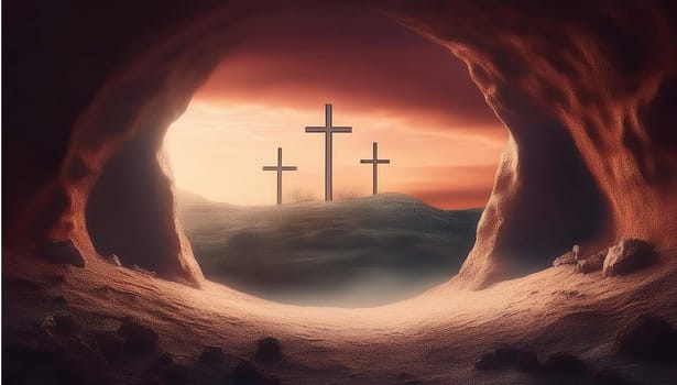 The concept of Easter Sunday, the cross of the crucifixion of Jesus Christ, the concept of the Christian faith. The tomb is empty with a cross in the background of the dawn Resurrection of Jesus generative ai High quality image