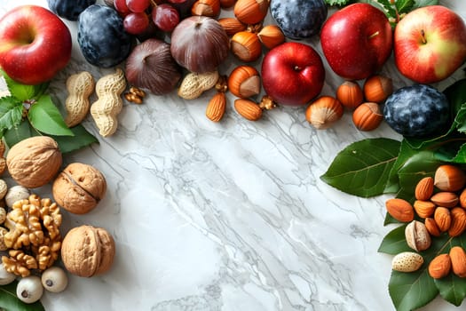 An assortment of natural foods including fruits and nuts are displayed on the table. These ingredients can be used in recipes or enjoyed as a healthy snack