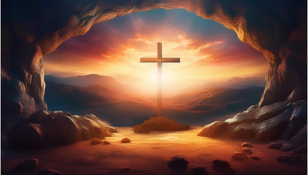 The concept of Easter Sunday, the cross of the crucifixion of Jesus Christ, the concept of the Christian faith. The tomb is empty with a cross in the background of the dawn Resurrection of Jesus generative ai High quality image