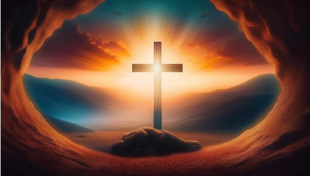 The concept of Easter Sunday, the cross of the crucifixion of Jesus Christ, the concept of the Christian faith. The tomb is empty with a cross in the background of the dawn Resurrection of Jesus generative ai High quality image