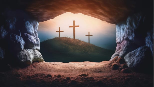 The concept of Easter Sunday, the cross of the crucifixion of Jesus Christ, the concept of the Christian faith. The tomb is empty with a cross in the background of the dawn Resurrection of Jesus generative ai High quality image