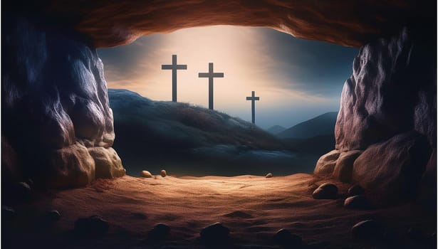 The concept of Easter Sunday, the cross of the crucifixion of Jesus Christ, the concept of the Christian faith. The tomb is empty with a cross in the background of the dawn Resurrection of Jesus generative ai High quality image