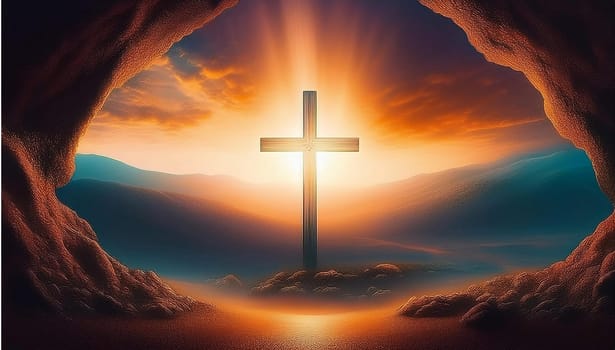 The concept of Easter Sunday, the cross of the crucifixion of Jesus Christ, the concept of the Christian faith. The tomb is empty with a cross in the background of the dawn Resurrection of Jesus generative ai High quality image