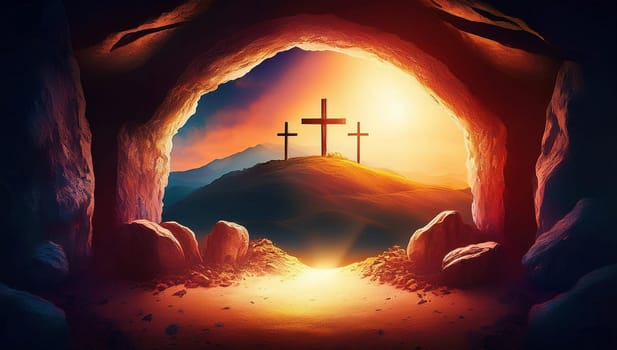 The concept of Easter Sunday, the cross of the crucifixion of Jesus Christ, the concept of the Christian faith. The tomb is empty with a cross in the background of the dawn Resurrection of Jesus generative ai High quality image
