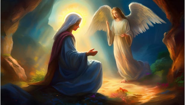 Mary comes to the empty tomb of the Risen Savior Jesus Christ and sees angel . High quality image